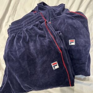 Fila Navy Velour Sweatpants with Red Logo Accent